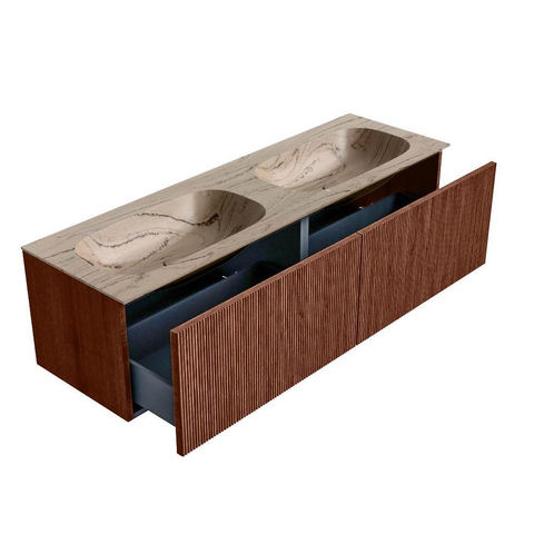 MONDIAZ KURVE-DLUX Meuble de salle de bains 150 cm couleur Ruby avec 2 tiroirs et 0 porte. Plan-vasque STOR SMALL Double sans trou de robinet Arena. SW1431570