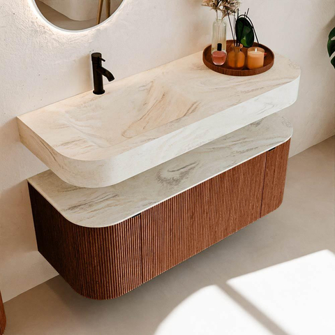 MONDIAZ THOR-DLUX 120cm meuble de salle de bains arrondi gauche + droite couleur Ruby avec 1 tiroir et 2 portes. Vasque suspendue CLOUD Gauche 1 trou de robinet couleur Ostra. SW1463125