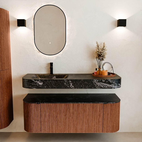 MONDIAZ THOR-DLUX 130cm meuble de salle de bains arrondi gauche + droite couleur Ruby avec 1 tiroir et 2 portes. Vasque suspendue CLOUD Gauche 1 trou de robinet couleur Lava. SW1463711