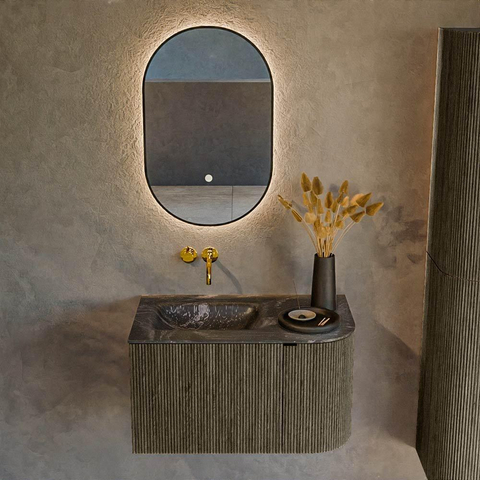 Mondiaz KURVE-DLUX Ensemble de meubles de salle de bains - 75x46x40cm - 1 tiroir - 1 porte - lavabo solid surface - gauche - sans trou de robinet - Shadow SW1414627