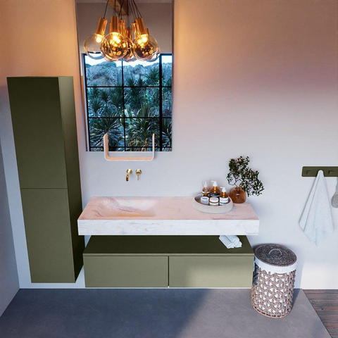 Mondiaz ALAN-DLUX Ensemble de meuble - 130cm - meuble - Army mat - 2 tiroirs - Lavabo Cloud Ostra suspendu - vasque gauche - 0 trous de robinet - Beige SW807753
