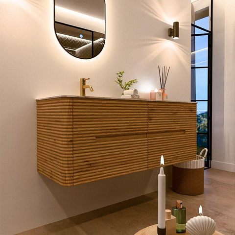Mondiaz CIRO-DLUX Badkamermeubelset - 130x45x50cm - Solid surface wastafel Frappe - 1 wasbak Links - 1 kraangat - 4 lades - Oak SW1530857
