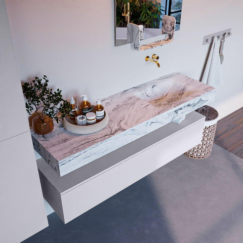 Mondiaz ALAN-DLUX Ensemble de meuble - 150cm - meuble Cale mat - 1 tiroir - Lavabo Cloud Glace suspendu - vasque Droite - 0 trous de robinet SW805892
