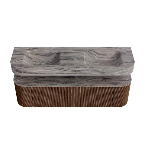MONDIAZ THOR-DLUX Meuble de salle de bains 160cm arrondi gauche + droite couleur Walnut avec 1 tiroir et 2 portes. Vasque suspendue CLOUD Double sans trou de robinet couleur Sombra. SW1465399