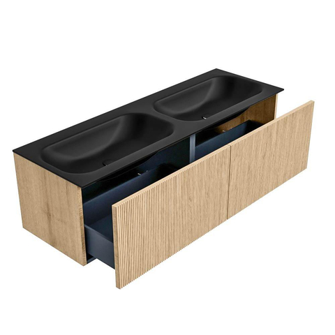 MONDIAZ KURVE Meuble de salle de bains 140 cm couleur chêne avec 2 tiroirs. Lavabo BIG SMALL double sans trou de robinet Urban. SW1138484