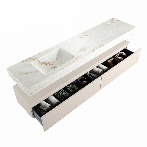 Mondiaz ALAN-DLUX Ensemble de meuble - 200cm - meuble Linen mat - 2 tiroirs - Lavabo Cloud Frappe suspendu - vasque Gauche - 0 trous de robinet SW804983