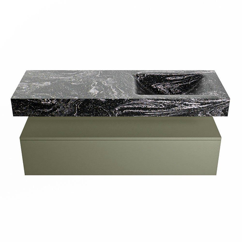 Mondiaz ALAN-DLUX Ensemble de meuble - 130cm - meuble Army mat - 1 tiroir - Lavabo Cloud Lava suspendu - vasque Droite - 1 trou de robinet SW808480