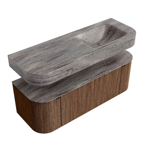 MONDIAZ THOR-DLUX 130cm meuble de salle de bains arrondi gauche + droite couleur Walnut avec 1 tiroir et 2 portes. Vasque suspendue CLOUD droite sans trou de robinet couleur Oza. SW1463992