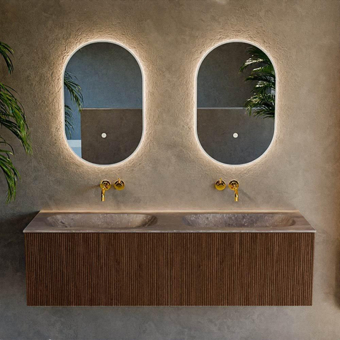 MONDIAZ KURVE-DLUX Meuble de salle de bains 150 cm couleur Walnut avec 2 tiroirs et 0 portes. Plan-vasque STOR SMALL Double sans trou de robinet Oza. SW1432483