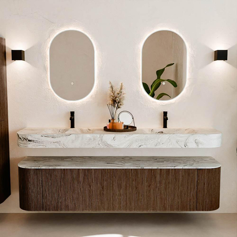 MONDIAZ THOR-DLUX 190cm badmeubel ronding links + rechts kleur Walnut met 2 lades en 2 deuren. Vrijhangende wastafel CLOUD Dubbel 2 kraangaten kleur Glace. SW1466432