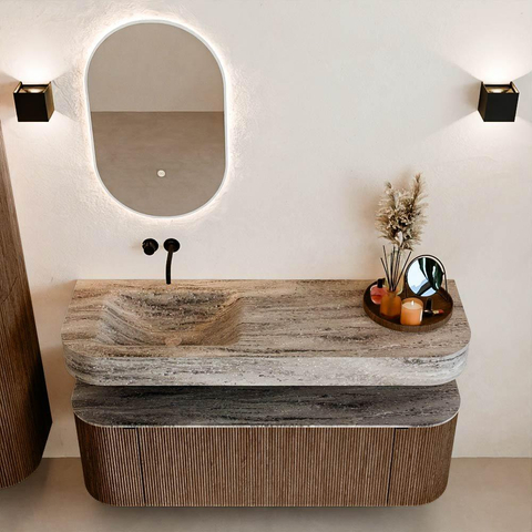 MONDIAZ THOR-DLUX 140cm badmeubel ronding links + rechts kleur Walnut met 1 lade en 2 deuren. Vrijhangende wastafel CLOUD Links zonder kraangat kleur Oza. SW1464303