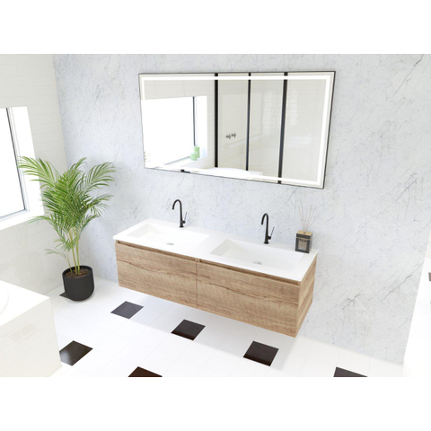 H&R Badmeubelen Matrix 3D badkamermeubelset 140cm 2 laden greeploos met greeplijst in kleur French oak met wasbak thin 2 kraangaten wit mat SW857140
