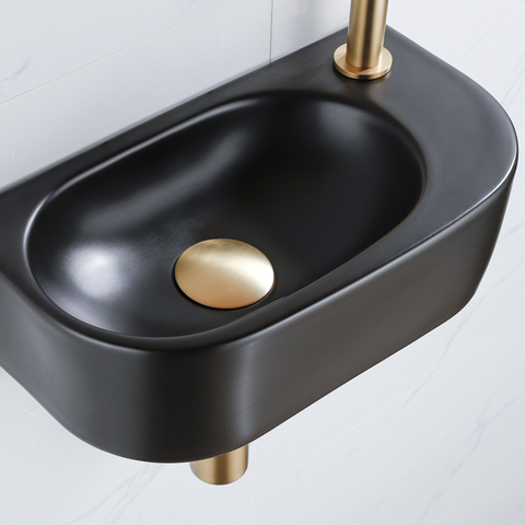 Fugaflow Efficiente Pietra Ensemble lave-mains - 40x21,5x12cm - droite - lisse - demi-rond - 1 trou de robinet - céramique - robinet de lave-mains laiton brossé - bonde - siphon abaissé - noir mat SW1442371