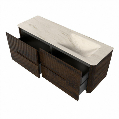 Mondiaz CIRO-DLUX Meuble de salle de bains - 140x45x50cm - Plan-vasque Solid Surface Meli - 1 lavabo à droite - sans trous de robinet - 4 tiroirs - Noyer SW1530512