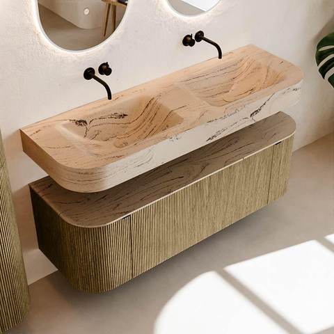 MONDIAZ THOR-DLUX 140cm meuble de salle de bains arrondi gauche + droite couleur Dusk avec 1 tiroir et 2 portes. Vasque suspendue CLOUD Double sans trou de robinet couleur Arena. SW1464364