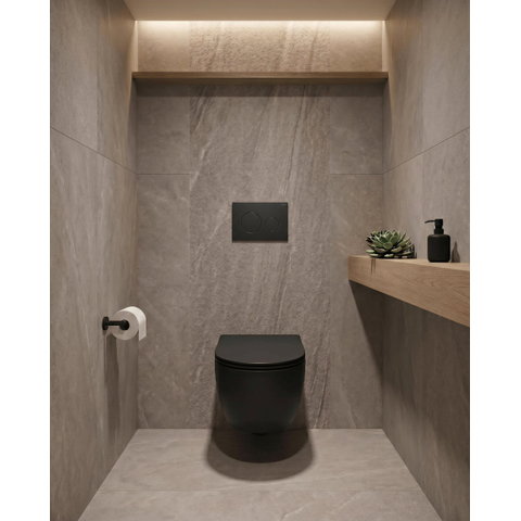 QeramiQ Dely Ensemble WC - 36.3x51.7cm - cuvette profonde - rimless - Réservoir encastré avec mécanisme de chasse Geberit UP320 - abattant WC à fermeture douce - plaque de commande noire mate - boutons ronds - noir mat SW1413302