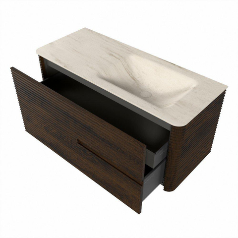 Mondiaz CIRO-DLUX Badkamermeubelset - 110x45x50cm - Solid surface wastafel Meli - 1 wasbak Rechts - zonder kraangaten - 2 lades - Walnut SW1530477