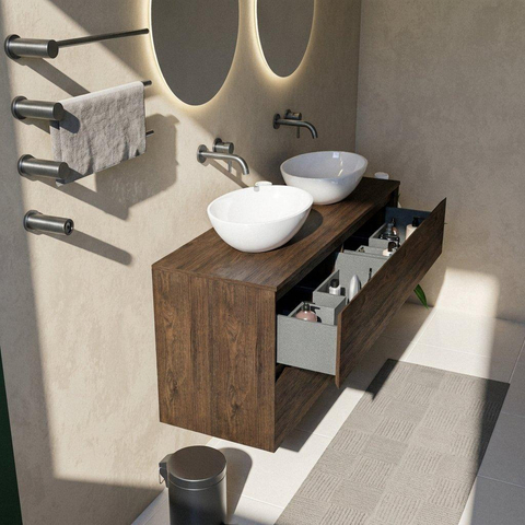 Saniclass Holz Pure Badkamermeubelset - 140x45x62cm - houten topblad - zonder kraangat - 4 lades - mat eiken charcoal (hout) SW1436775