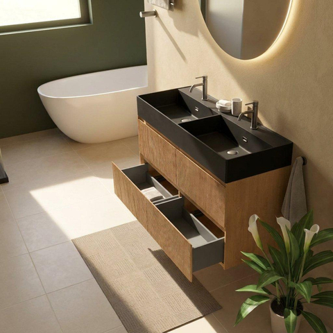 Saniclass Holz Atelier Ensemble meuble de salle de bains - 120x45x60cm - lavabo en céramique noir mat - 2 vasques - 2 trous de robinet - 2 tiroirs - chêne naturel mat (bois) SW1579642