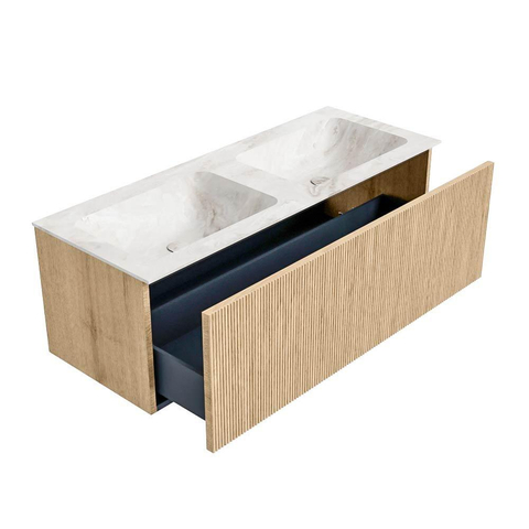 MONDIAZ KURVE-DLUX 120cm meuble de salle de bains couleur Oak avec 1 tiroir. Lavabo LEAF double 2 trous de robinet couleur Frappe. SW1137350