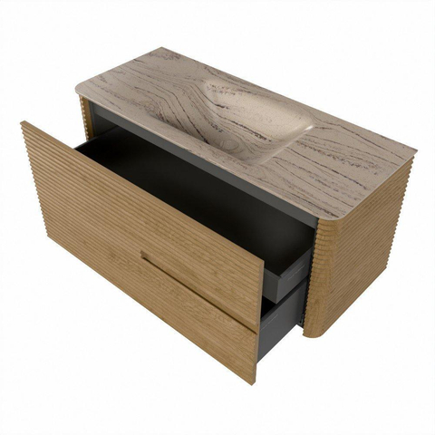 Mondiaz CIRO-DLUX Ensemble de meubles de salle de bains - 110x45x50cm - Lavabo en solid surface Arena - 1 vasque au milieu - sans trous de robinet - 2 tiroirs - Chêne SW1531322