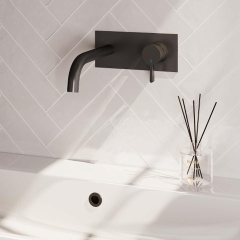 Brauer Black Edition Wastafelmengkraan inbouw - gebogen uitloop links - hendel middel dik - afdekplaat - model E 1 - mat zwart OUTLETSTORE STORE35916