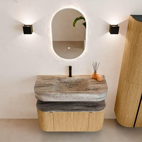 MONDIAZ THOR-DLUX 100cm meuble de salle de bains arrondi gauche + droite couleur Chêne avec 1 tiroir et 2 portes. Vasque suspendue CLOUD Milieu 1 trou de robinet couleur Oza. SW1467601