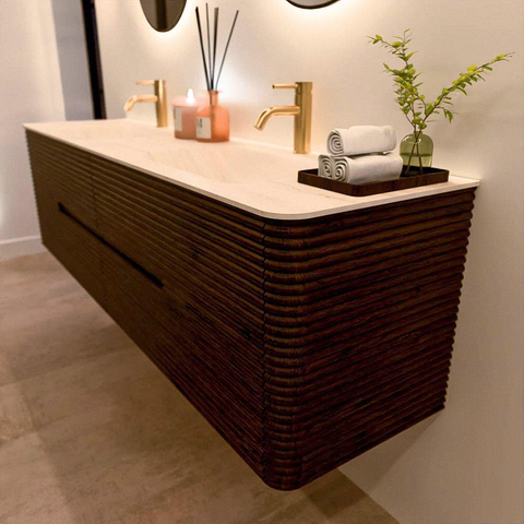 Mondiaz CIRO-DLUX Badkamermeubelset - 180x45x50cm - Solid surface wastafel Meli - 2 wasbak Dubbel - 2 kraangaten - 4 lades - Walnut SW1530563