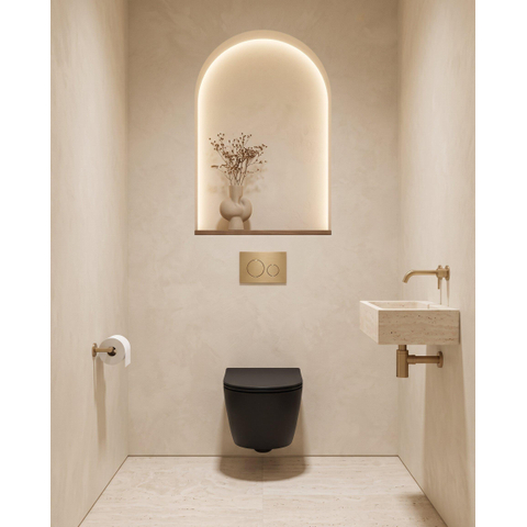 QeramiQ Dely Toiletset - 36.3x51.7cm - Geberit UP720 inbouwreservoir - rimless - diepspoel - 35mm zitting - softclose - bedieningsplaat beige - ronde knoppen - mat zwart SW1427993