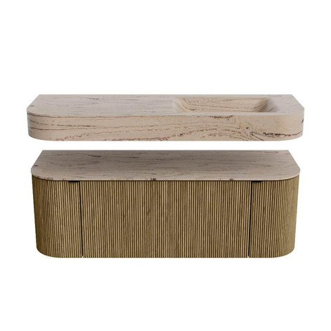 MONDIAZ THOR-DLUX 130cm meuble de salle de bains arrondi gauche + droite couleur Dusk avec 1 tiroir et 2 portes. Vasque suspendue CLOUD Droite sans trou de robinet couleur Arena. SW1463792