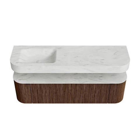 MONDIAZ THOR-DLUX 160cm meuble de salle de bains arrondi gauche + droite couleur Walnut avec 1 tiroir et 2 portes. Vasque suspendue CLOUD Gauche sans trou de robinet couleur Opalo. SW1467678