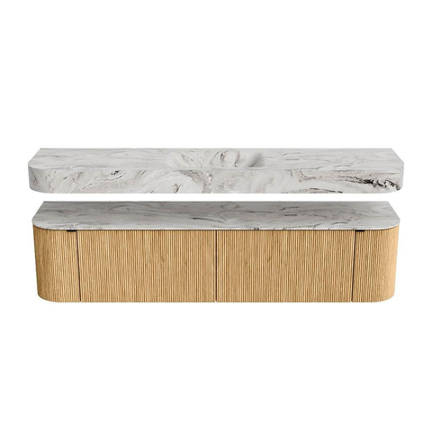 MONDIAZ THOR-DLUX Meuble de salle de bains - 190cm - arrondi gauche + droite - couleur Oak - 2 tiroirs et 2 portes - Vasque suspendue CLOUD Milieu 1 trou de robinet - couleur Glace SW1466367