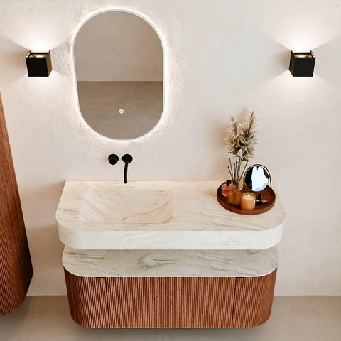 MONDIAZ THOR-DLUX 120cm meuble de salle de bains arrondi gauche + droite couleur Ruby avec 1 tiroir et 2 portes. Vasque suspendue CLOUD Gauche sans trou de robinet couleur Ostra. SW1463117