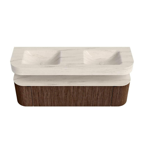 MONDIAZ THOR-DLUX 160cm meuble de salle de bains arrondi gauche + droite couleur Walnut avec 1 tiroir et 2 portes. Vasque suspendue CLOUD Double 2 trous de robinet couleur Meli. SW1465089