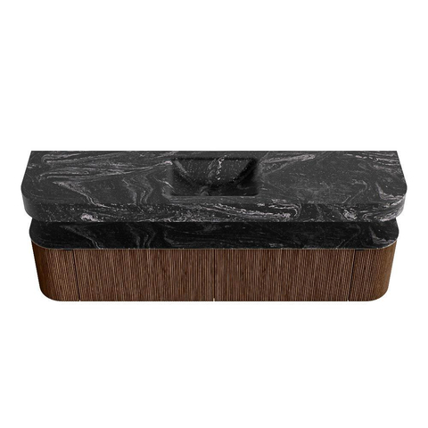 MONDIAZ THOR-DLUX 200cm badmeubel ronding links + rechts kleur Walnut met 2 lades en 2 deuren. Vrijhangende wastafel CLOUD Midden zonder kraangat kleur Lava. SW1466987