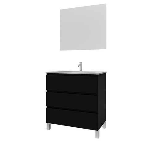 Saniclass Chaci PLUS Meuble de salle de bain - 80x86x46cm - lavabo en céramique blanc - 1 vasque - 1 trou de robinet - 3 tiroirs - miroir rectangulaire - noir mat SW926050