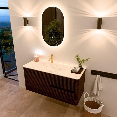Mondiaz CIRO-DLUX Meuble de salle de bains - 110x45x50cm - Vasque en solid surface Ostra - 1 bassin à gauche - 1 trou de robinet - 2 tiroirs - Noyer SW1530355