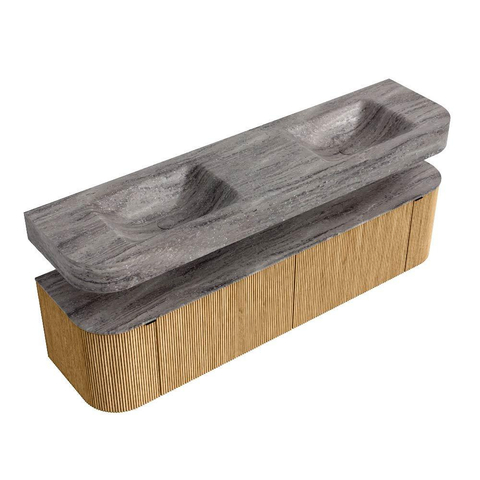 MONDIAZ THOR-DLUX 180cm badmeubel ronding links + rechts kleur Oak met 2 lades en 2 deuren. Vrijhangende wastafel CLOUD Dubbel zonder kraangat kleur Oza. SW1466295