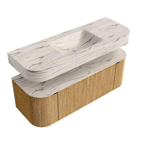 MONDIAZ THOR-DLUX 130cm badmeubel ronding links + rechts kleur Oak met 1 lade en 2 deuren. Vrijhangende wastafel CLOUD Midden zonder kraangat kleur Nata. SW1463829