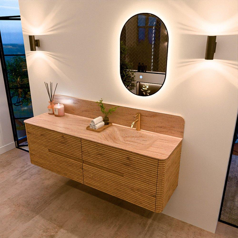 Mondiaz CIRO-DLUX Badkamermeubelset - 160x45x50cm - Solid surface wastafel Saba - 1 wasbak Rechts - 1 kraangat - 4 lades - Oak SW1531207