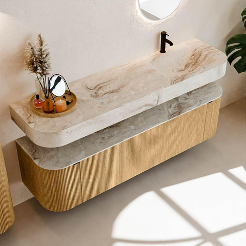 MONDIAZ THOR-DLUX Meuble de salle de bains 170cm arrondi gauche + droite couleur Oak avec 1 tiroir et 2 portes. Vasque suspendue CLOUD Droite 1 trou de robinet couleur Frappe. SW1465426