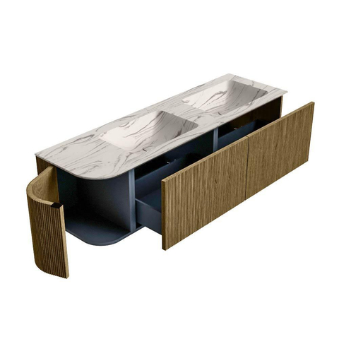 MONDIAZ KURVE-DLUX Meuble de salle de bains 155cm arrondi à gauche couleur Dusk avec 2 tiroirs et 1 porte. Lavabo LEAF Double / Droite 2 trous de robinet Nata. SW1432420