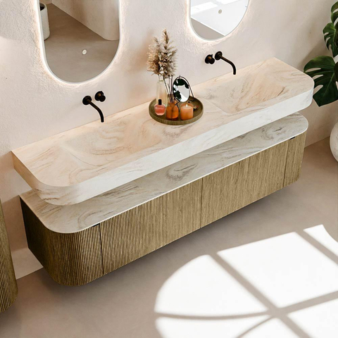MONDIAZ THOR-DLUX Meuble de salle de bains - 190cm - arrondi gauche + droite - couleur Dusk - 2 tiroirs et 2 portes - Vasque suspendue CLOUD Double sans trou de robinet - couleur Ostra SW1466476