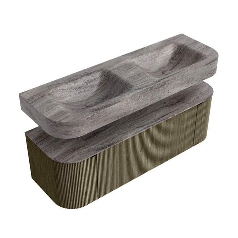 MONDIAZ THOR-DLUX Meuble de salle de bains 140cm arrondi gauche + droite couleur Shadow avec 1 tiroir et 2 portes. Vasque suspendue CLOUD Double sans trou de robinet couleur Oza. SW1464281