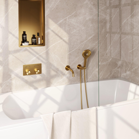 BRAUER Gold Carving mitigeur de bain encastré thermostatique - boutons-poussoirs SET 04 - bec - douchette à main 3 jets - flexible de douche - coude mural - or brossé PVD SW925620