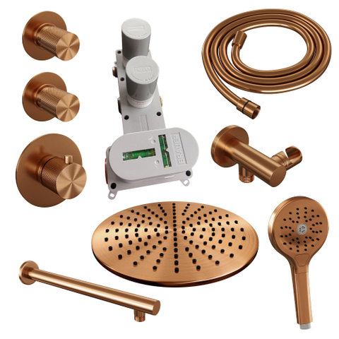 Brauer Copper Carving Douche pluie thermostatique avec pommeau 30cm et bras mural courbé 40cm et douchette Rond 3 jet flexible lisse avec coude mural Cuivre brossé PVD SW715766