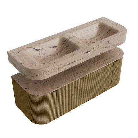 MONDIAZ THOR-DLUX 130cm meuble de salle de bains arrondi gauche + droite couleur Dusk avec 1 tiroir et 2 portes. Vasque suspendue CLOUD Double 2 trous de robinet couleur Arena. SW1463780