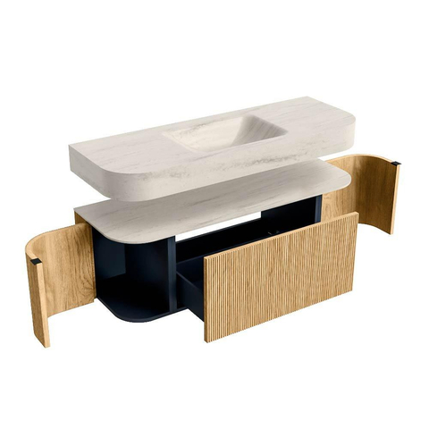 MONDIAZ THOR-DLUX 130cm meuble de salle de bains arrondi gauche + droite couleur Chêne avec 1 tiroir et 2 portes. Vasque suspendue CLOUD Centre sans trou de robinet couleur Meli. SW1463838