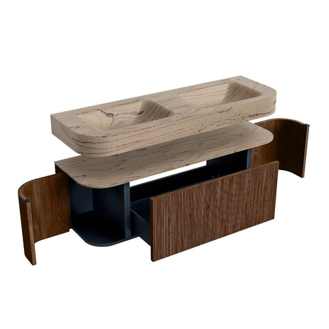 MONDIAZ THOR-DLUX 140cm meuble de salle de bains arrondi gauche + droite couleur Walnut avec 1 tiroir et 2 portes. Vasque suspendue CLOUD Double 2 trous de robinet couleur Arena. SW1464366