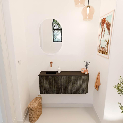Mondiaz JOYA 101.6cm meuble de salle de bains - arrondi droit couleur Shadow - Vasque FAYE position Gauche Sans trou de robinet couleur Urban SW1421515